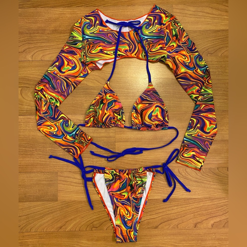 Trippy Rainbow Wave 3-Piece Festival Bikini Set